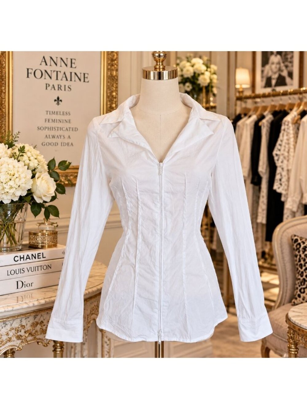 Anne Fontaine Paris Rikky Fitted White Zip Up Top Blouse Sz 40 Long Sleeve